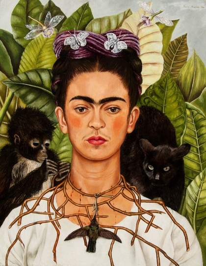Frida Kahlo (Mexican, 1907–1954), Untitled [Self-portrait with thorn necklace and hummingbird], 1940. Oil on canvas mounted to board. Nickolas Muray Collection of Mexican Art, 66.6. Harry Ransom Center