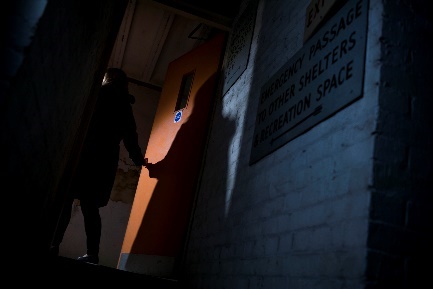 Dark entrance inside Clapham South’s deep-level shelter