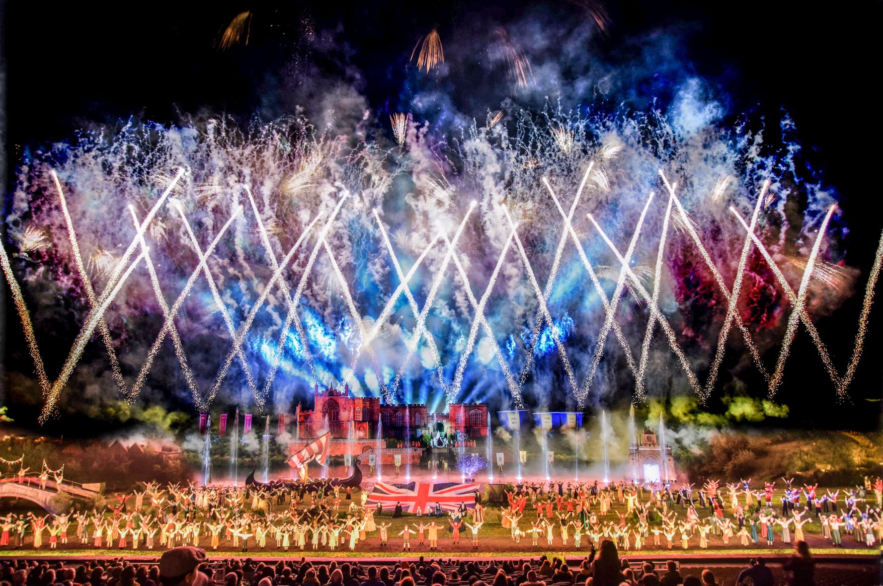 Kynren night show with illuminated stage and fireworks